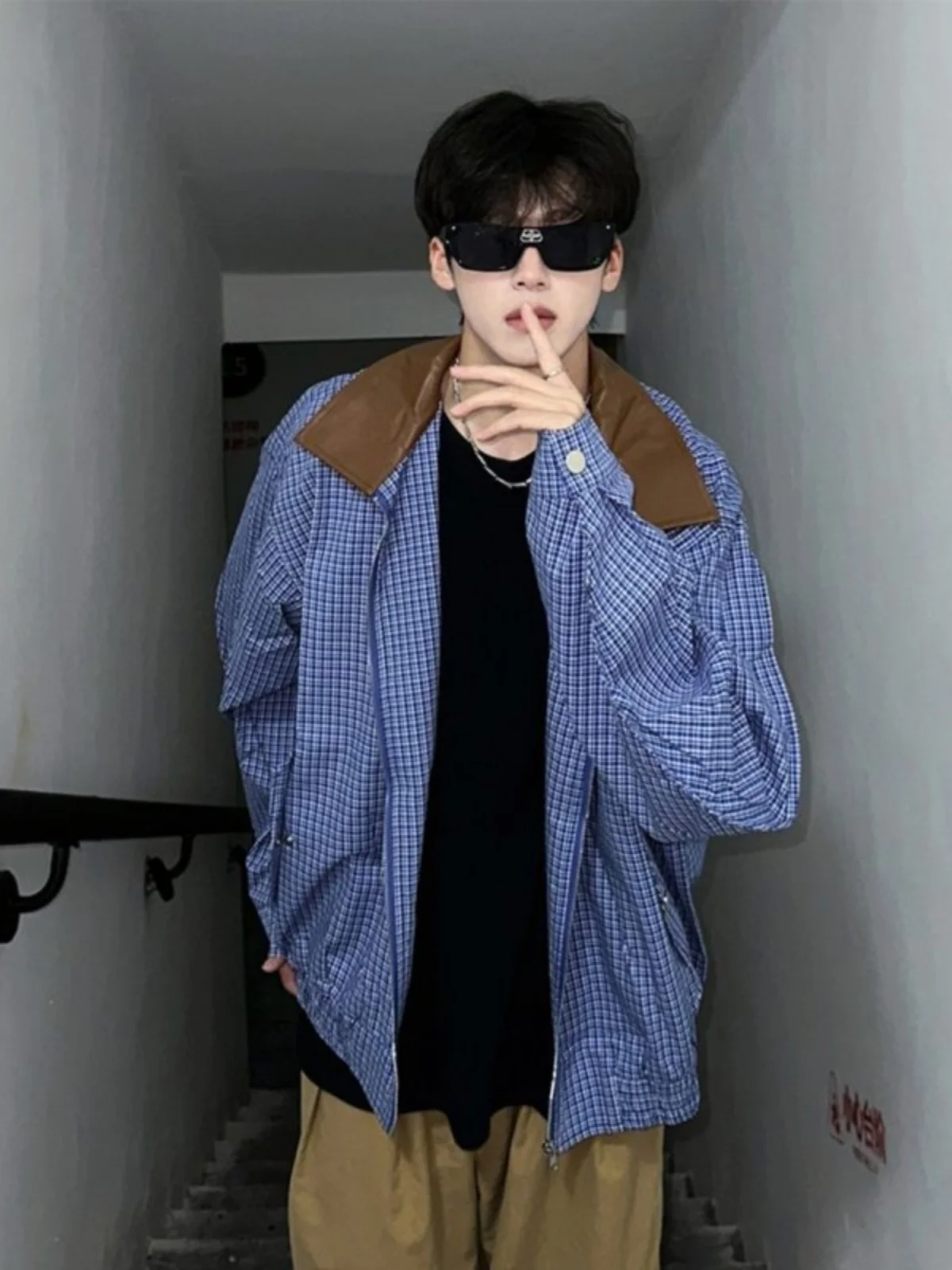 

American Retro Plaid Jaet Men's oulder Padded Loose Fit Contrast Color Collar Turn down Coat Youth Trend Windproof Long S...