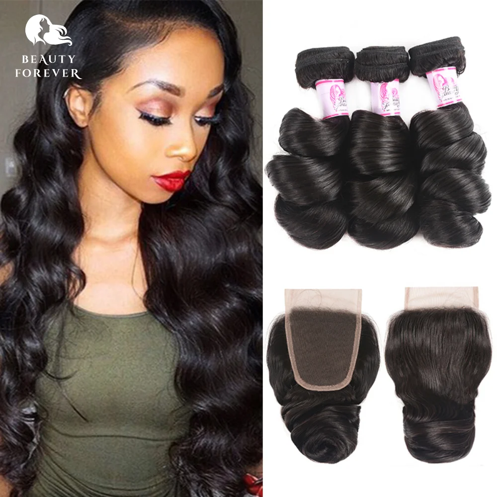 Beauty Forever Brazilian Loose Wave Human Hair Weaves Bundles With Lace Closure 4*4 Free Part 3pcs Virgin Human Hair Wefts