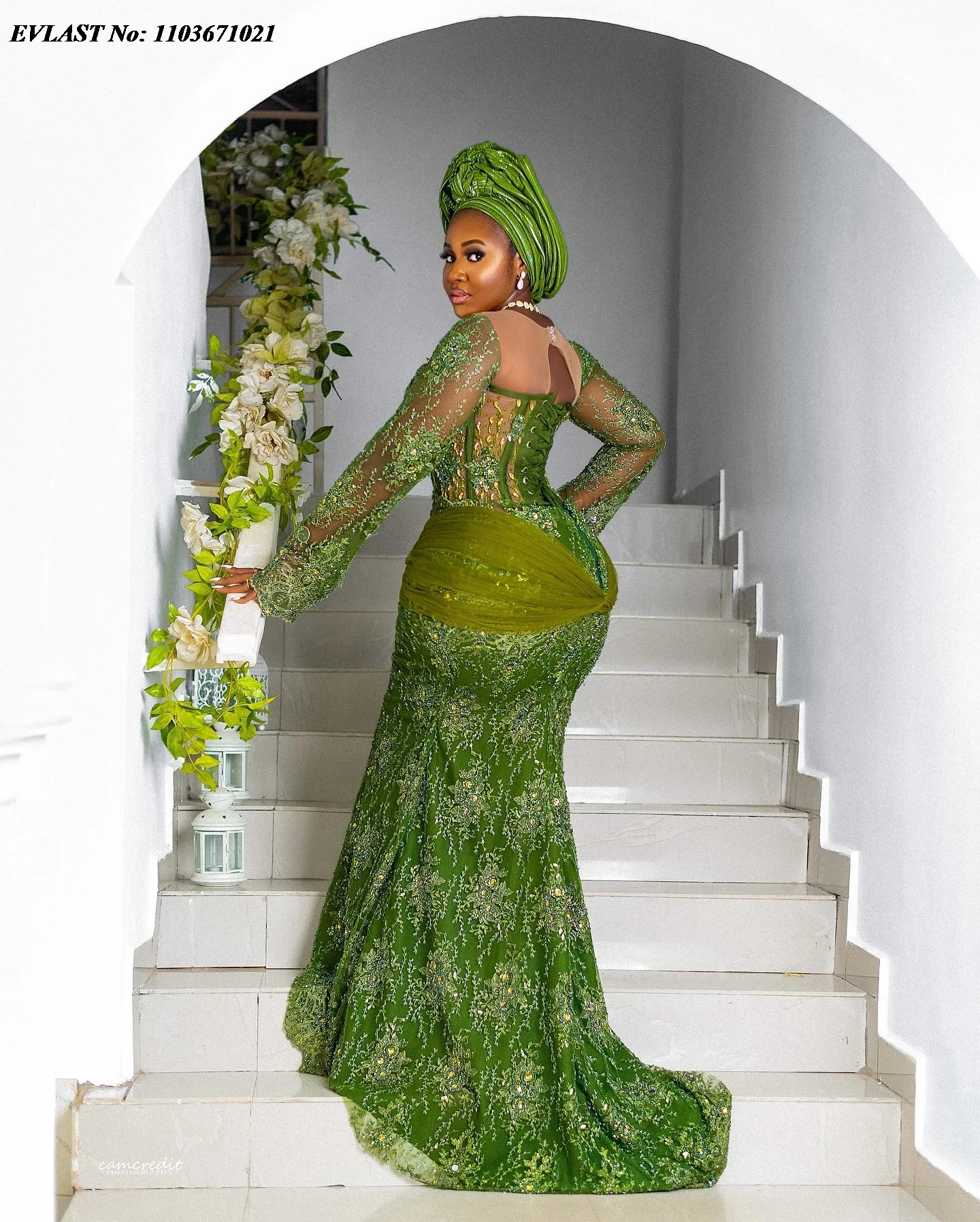 EVLAST Customized Asoebi Green Lace Evening Dress African Women Formal Long Sleeves Beaded Nigerian Party Dress Gala Gowns P174