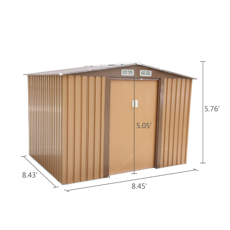 8' X 8' Ft Metal Outdoor Utility Storage House, Backyard Garden Tool Shed With Sliding Door, 4 Vents, Coffee Color Steel Sheet