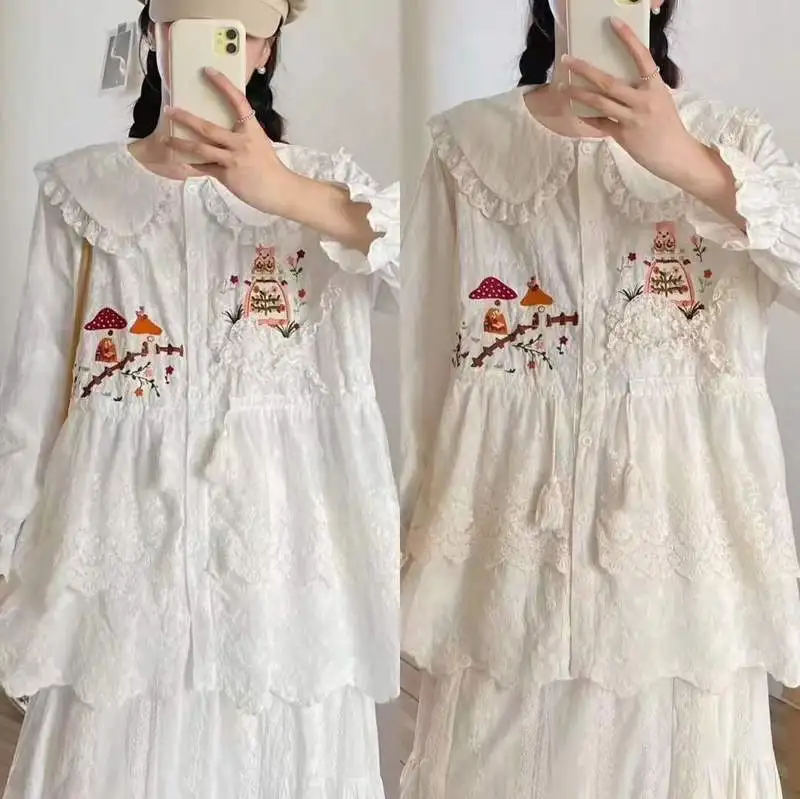 

[Ready Stock] High Quality Women 100% Cotton Blouse Shirt Autumn New Cartoon Embroidered Owl Jacquard Cardigan Long Sleeve Tops