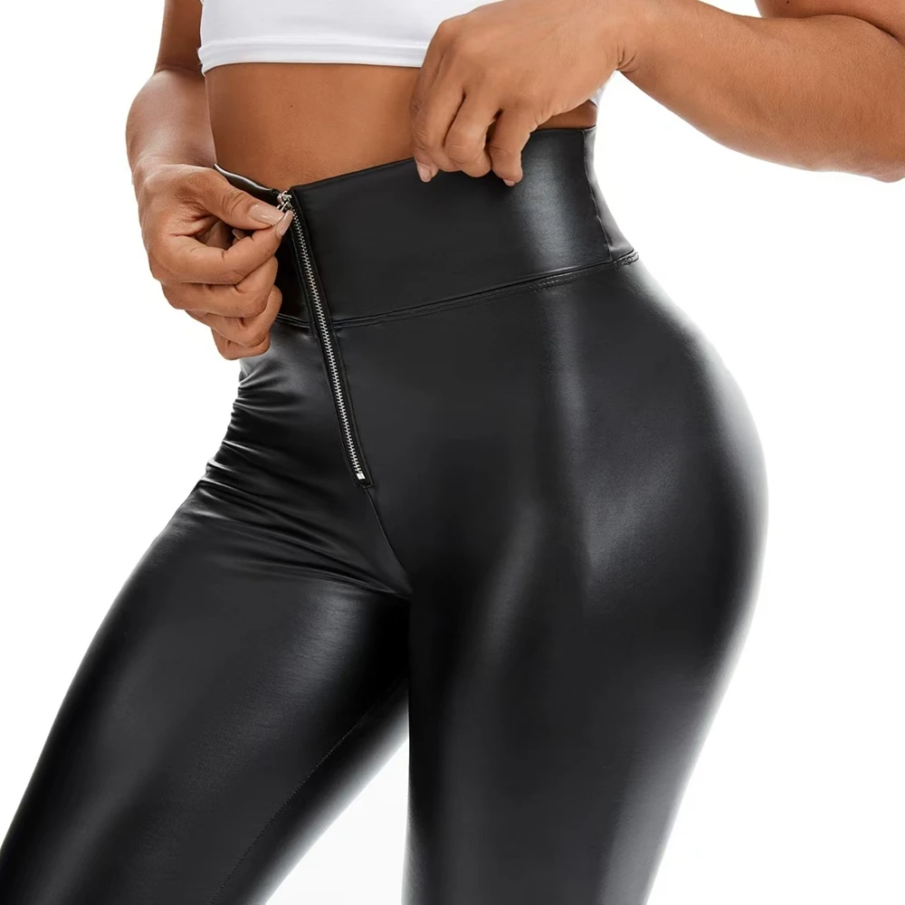 Zipper Fly Front High Waist Fake Pu Leather Women Leggings Slim Fit Pants Spring Autumn Skinny Pants for Sporty Yoga Workout