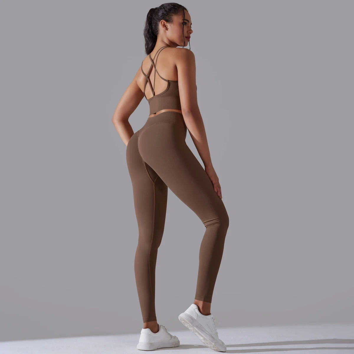 Gebürstetes Yoga-Set für Damen, 2-teilig, Workout, Sportbekleidung, überkreuzter Rücken, Sport-BH, hohe Taille, Leggings, Fitnessstudio, Kleidung, Sportanzüge – Detail 13