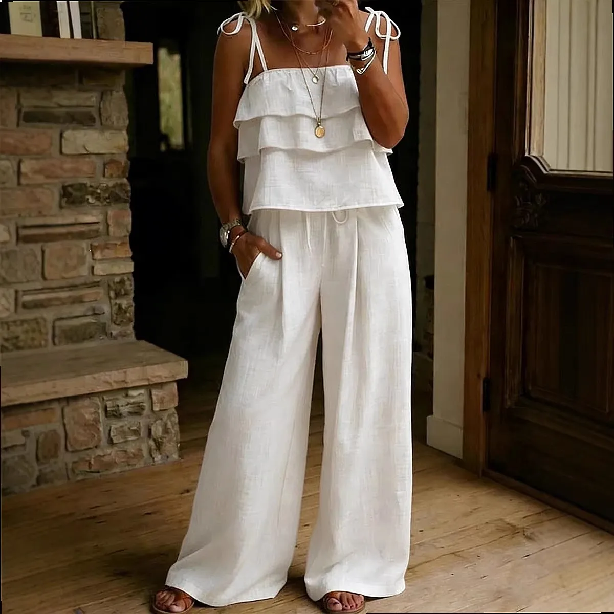Satin Backless Tie Blouse Top Wide Leg Pants Set Jumpsuit Playsuit Spring Summer
