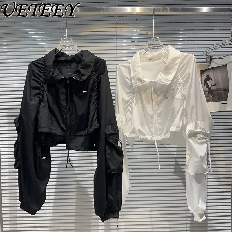 

Spring Summer New Spice Girl Pocket Sleeve Drawstring Thin Sunscreen Short Coat Trendy Solid Color Versatile Lapel Collar Shirt