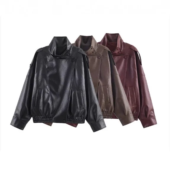 

2026 Spring Summer Fashion Stand Collar Faux Leather Jacket Coat Women Casual Outerwear Tops Jackets Streetwear