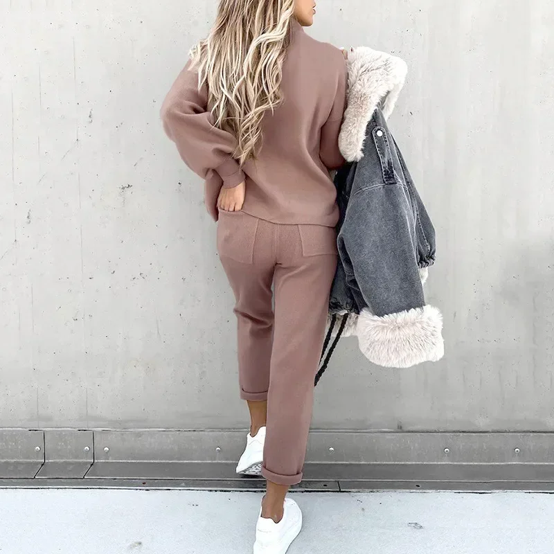 Women 2pcs Clothes Set Autumn Winter Solid Color Long Sleeve O Neck Top Blouse Pullover Sweatshirt & Elastic Pants