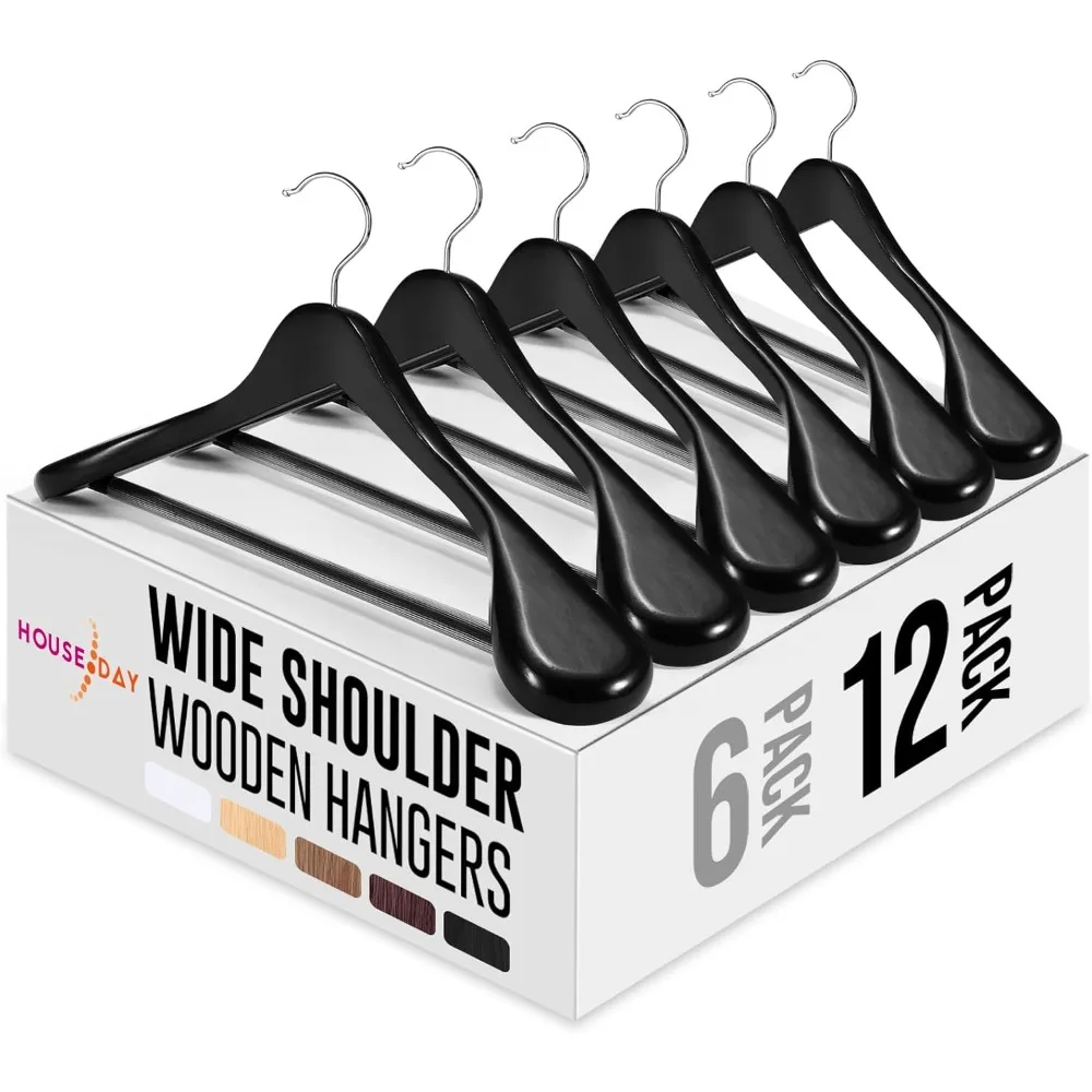 

HOUSE DAY Wide Shoulder Wooden Hangers 12 Pack, Wood Suit Hangers for Men with Non Slip Pants Bar, Smooth Finish Solid Wood Coat