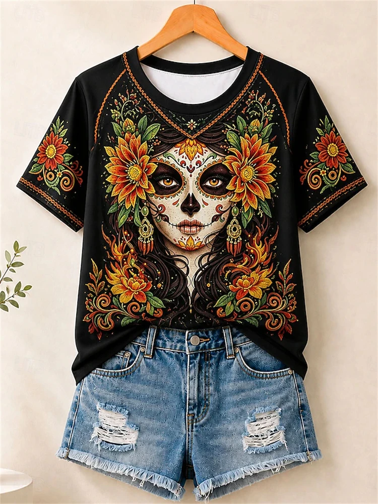 Women's Casual Round-Neck T-Shirt Fashionable Short-Sleeve Top Retro Skull Print Floral Pattern Day of The Dead Short-Sleeve