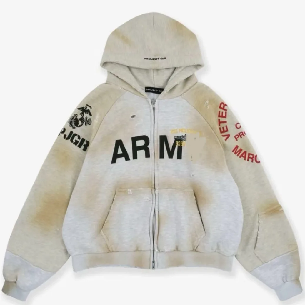 

Grailz Project G/R Vintage Distressed Fade-Washed Vintage-Look Zipper Hoodie Oversized High-Street Deconstructed Sweatshirt