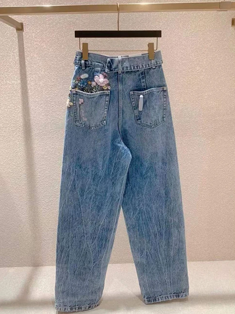 2024 Fashion Jeans Women's 2024 Summer Thin Pear-shaped Body Denim Pants Feminine High Street Pocket Embroidery Denim Trousers