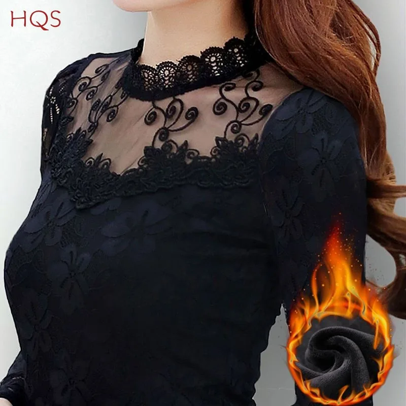 

Lace Hollow Out Top Women, High Neck Slim Fit Blouse, Fall Winter Long Sleeve M-3XL
