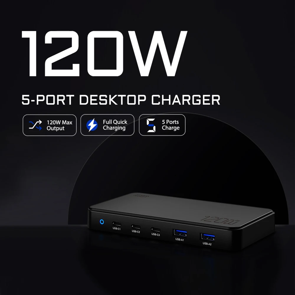

120W 5-Port Desktop Charger 100W PD USB-C Charging Station USB-A QC3.0 Power Adapter For Macbook iPhone Samsung Xiaomi