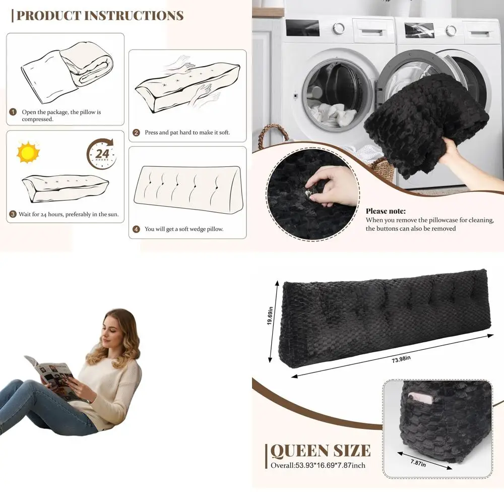 

King Size Reading Pillow with Bolster Support, Removable Cover, 76x20x8 Inches, Black