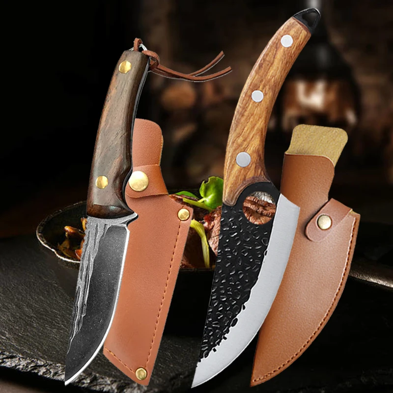 

Stainless Steel Utility Knives Professional Hand-forged Kitchen Boning Knife Butcher Meat Cleaver Knife with Sheath Wood Handle