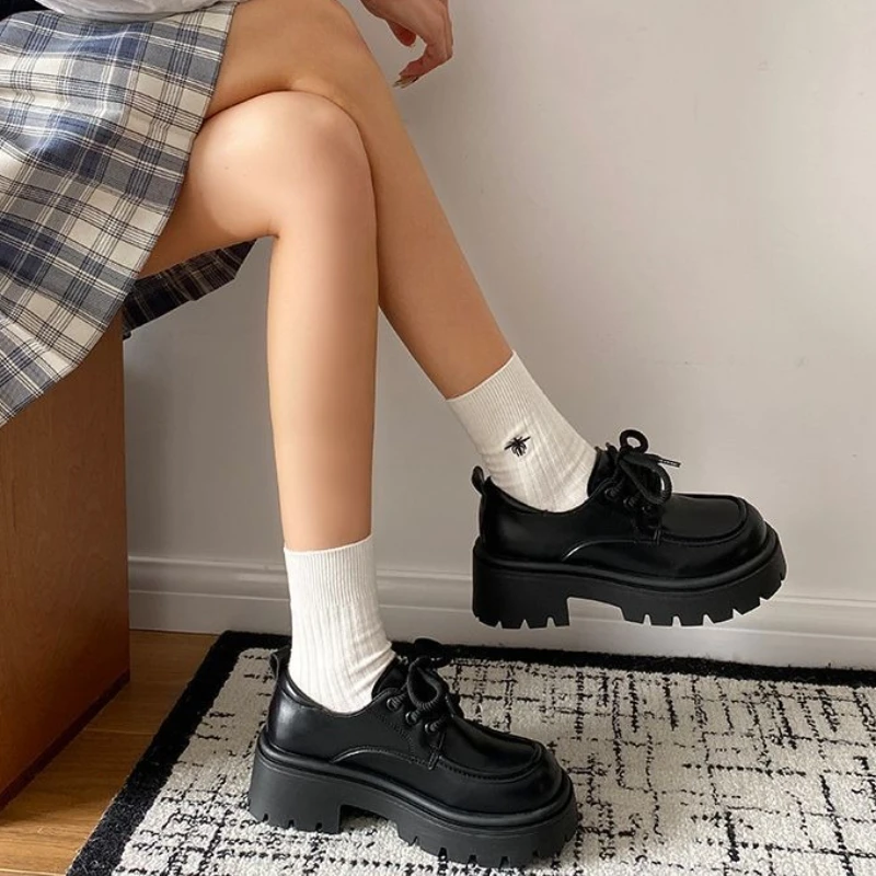 

Women's Platform Lace Up Leather Shoes Thick Sole Round Toe Height Increasing British Style Versatile 2025 Spring Autumn New