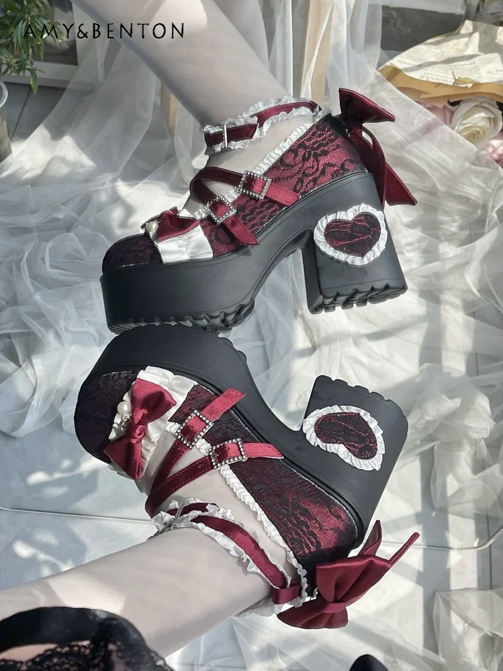 

Ballet Style Lolita Original Chunky Heel Lace Round Toe Elegant Mary Jane Shoes Women Sweet Cute Bow Thick Sole High Heels