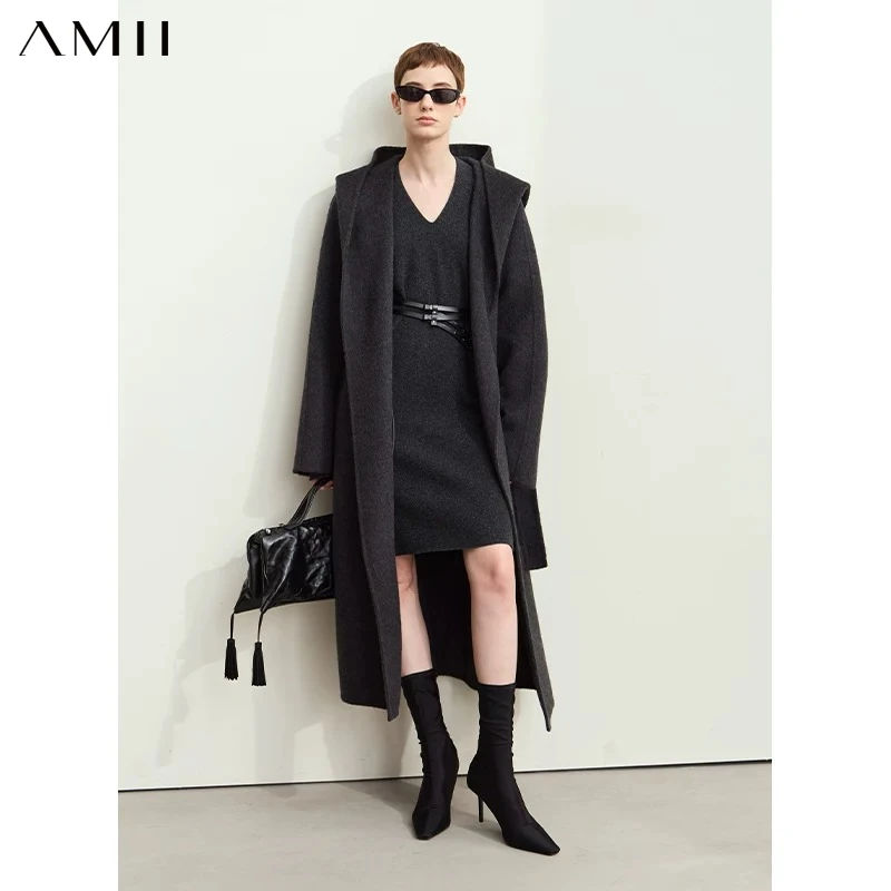 Amii Minimalist 2026 Winter Solid Women's Rubber Sleeves Belts Hooded Wool Duplex Coat Long Loose Commuter Jackets 12444018