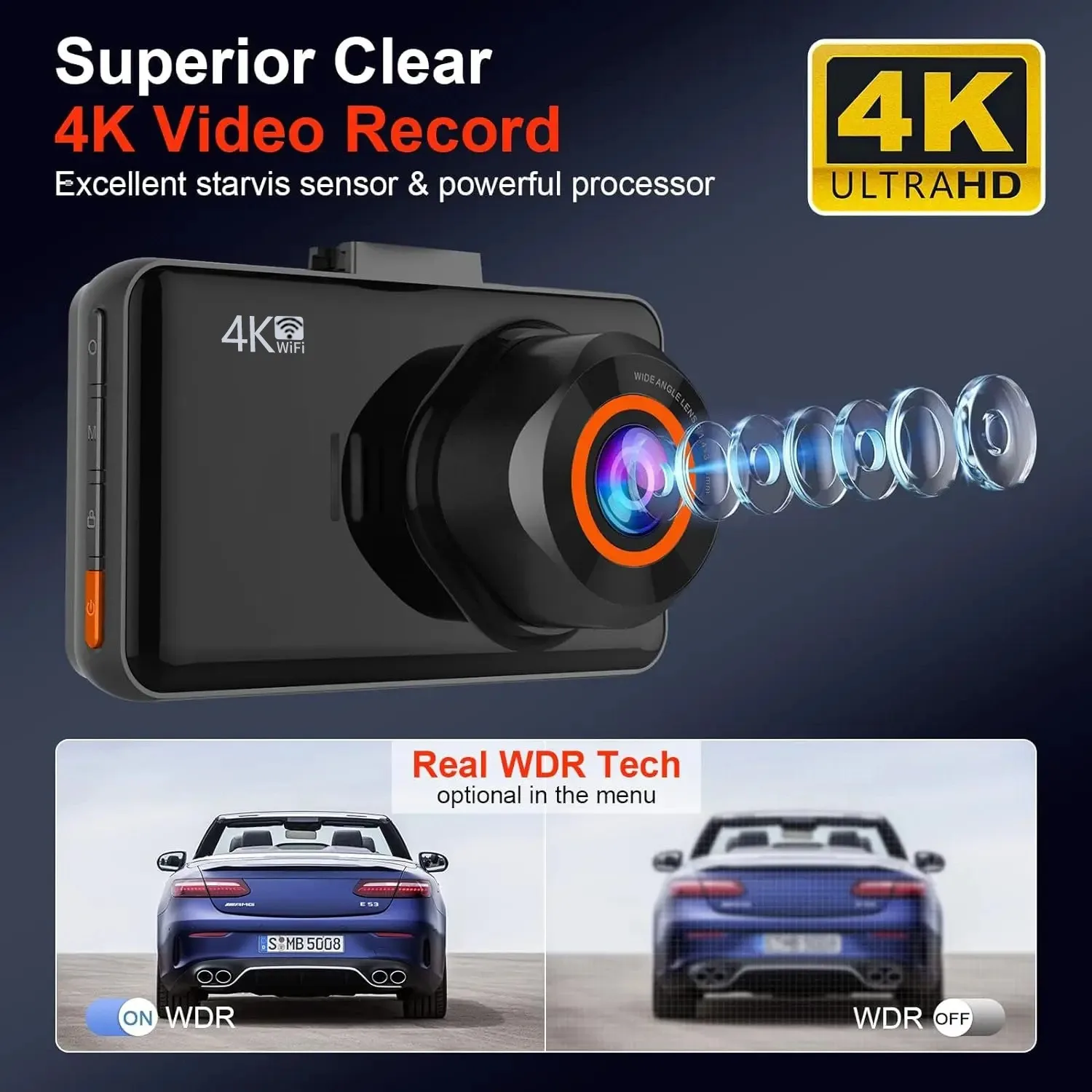 EOENKK 3-inch 4K WiFi Dash Cam, Dual Front and Rear Lenses, Auto Recording, Supports 24-Hour Parking Monitoring