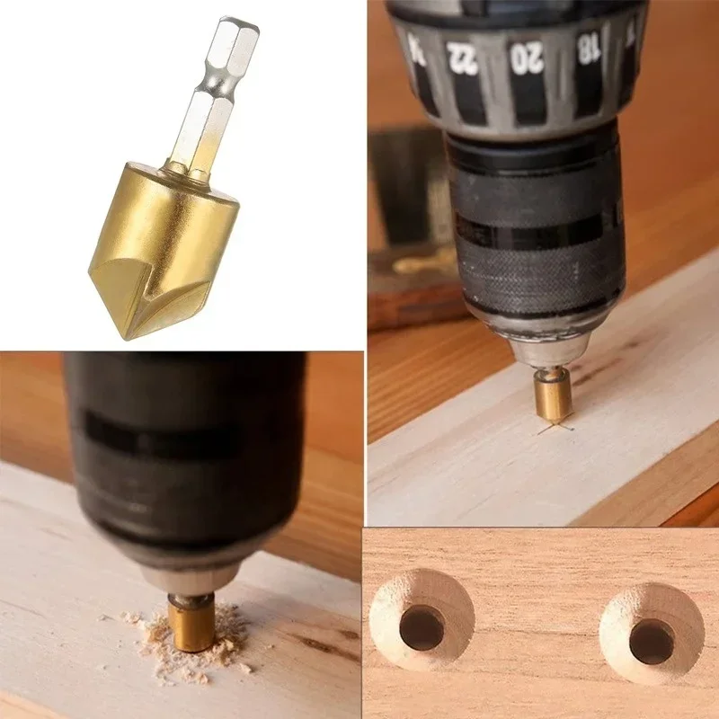 6pcs HSS Chamfer Drill Bit Hex Shank Titanium Plated Five-blades Woodworking Reaming Countersink Drill Set 6 8 9 12 16 19mm