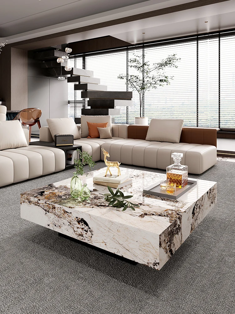 

Venice brown light luxury minimalist coffee table TV cabinet living room high-end villa luxury marble texture rock panel coffee