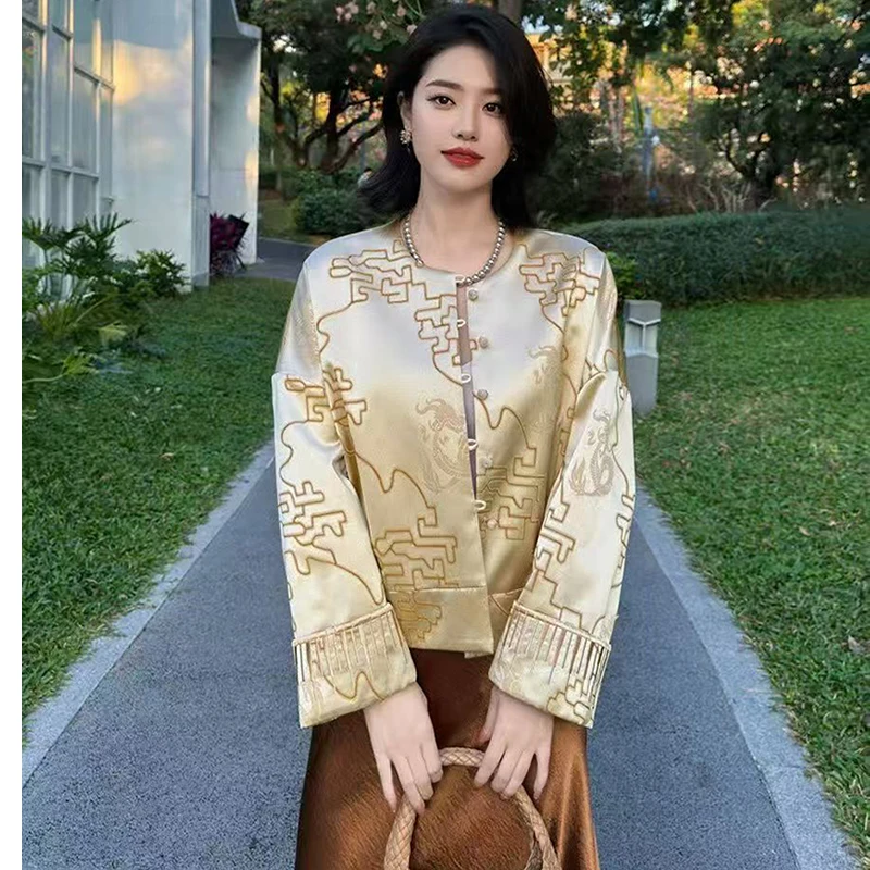 

Spring New Chinese style O-Neck High Quality Jacquard Dragon + Cuff Embroidery Retro Elegant Women's Jacket S-XL