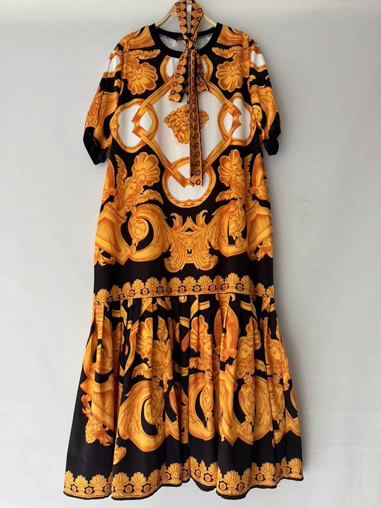 Vestido pulôver retrô com estampa geométrica, gola redonda, verão 2025, camiseta feminina, saia bufante plissada solta e elegante