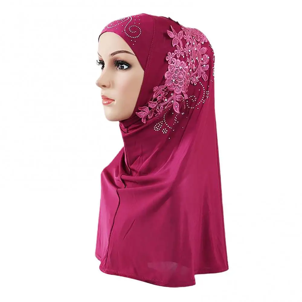 Scarf Cap Solid Color Women Lace Rhinestone Muslim Hijab Wrap Islamic Head Cover