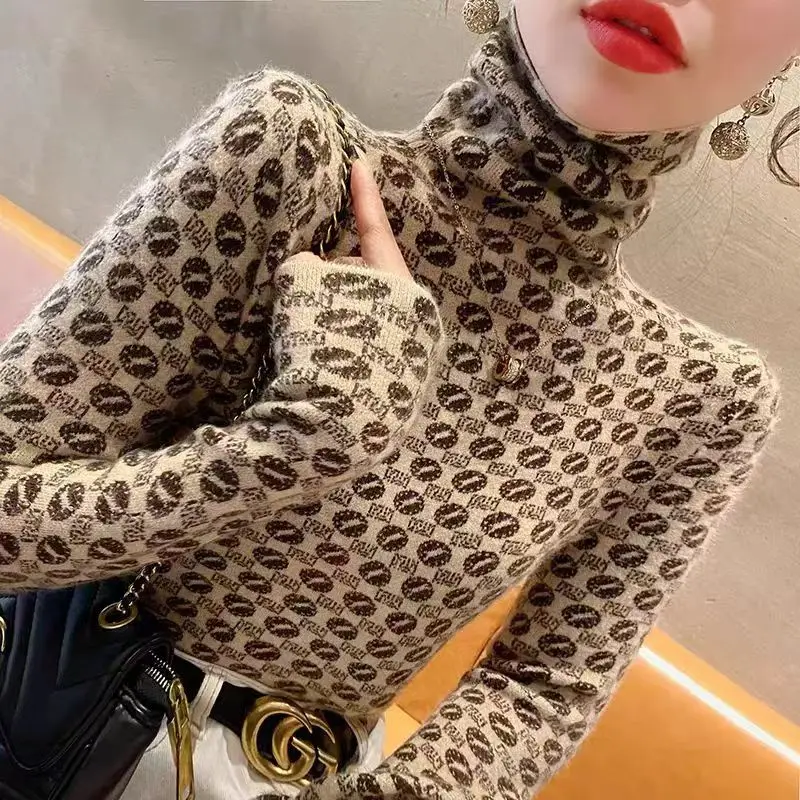 Odzież damska Vintage All-match Turtleneck Swetry z dzianiny Jesień Zima Moda Slim Turtleneck Pullover Office Lady Paisley Top