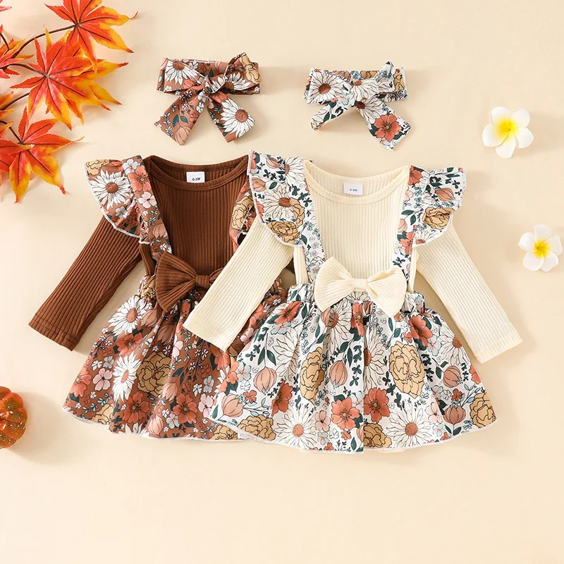 

Autumn Newborn Baby Girls Clothes Sets Solid Ribbed Ruffles Long Sleeve O-neck Bodysuits+Floral Print Suspender Skirts Outfits