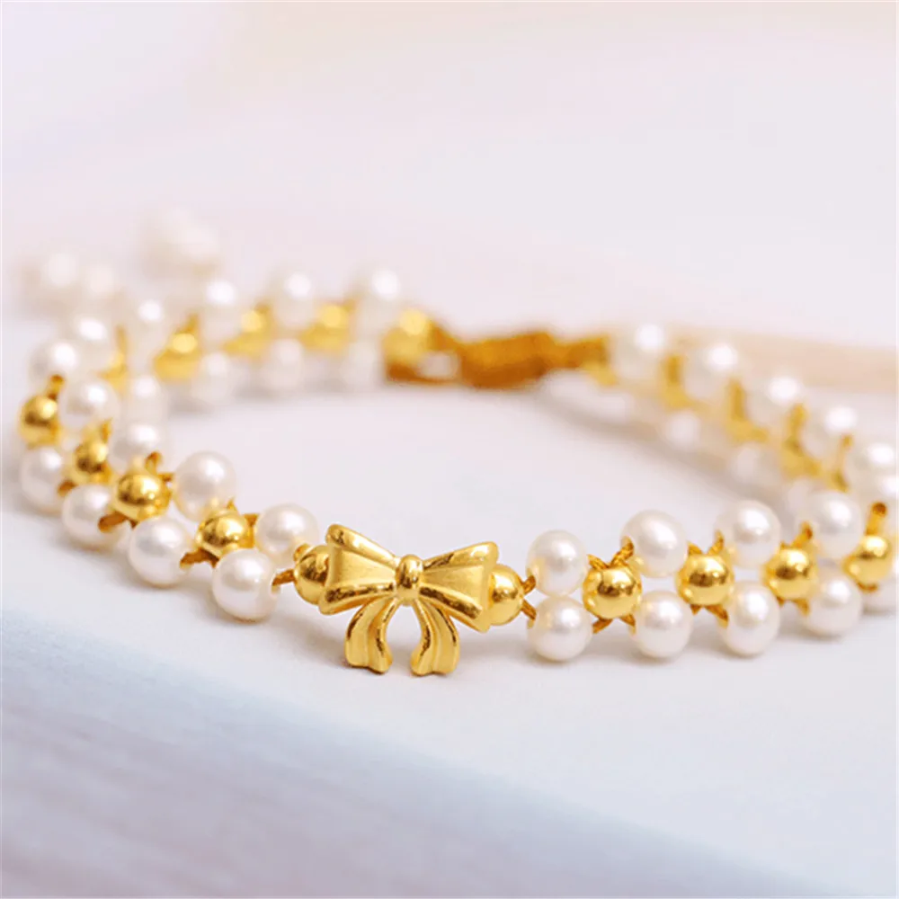 1pcs 999 24K Yellow Gold Bracelet 3D Hard Gold Bow-knot Natural Freshwater Pearl Handmade Bracelet 16cm Length