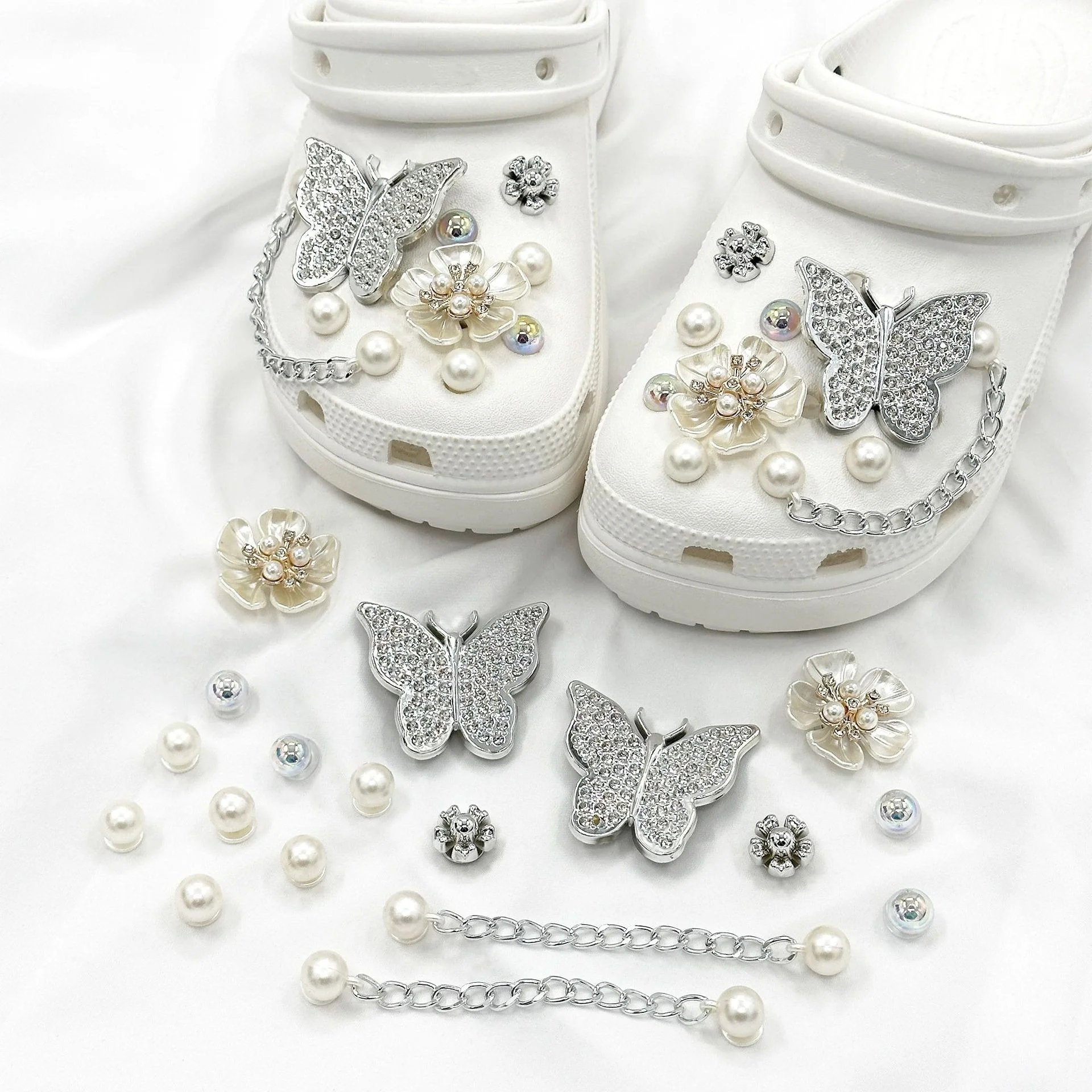 3D Butterfly Pearl Shoe Flower Accessory Set with Chain High-End Feel Hole Shoe Charms Buckle Elegant Shoe Decorations 1 Set