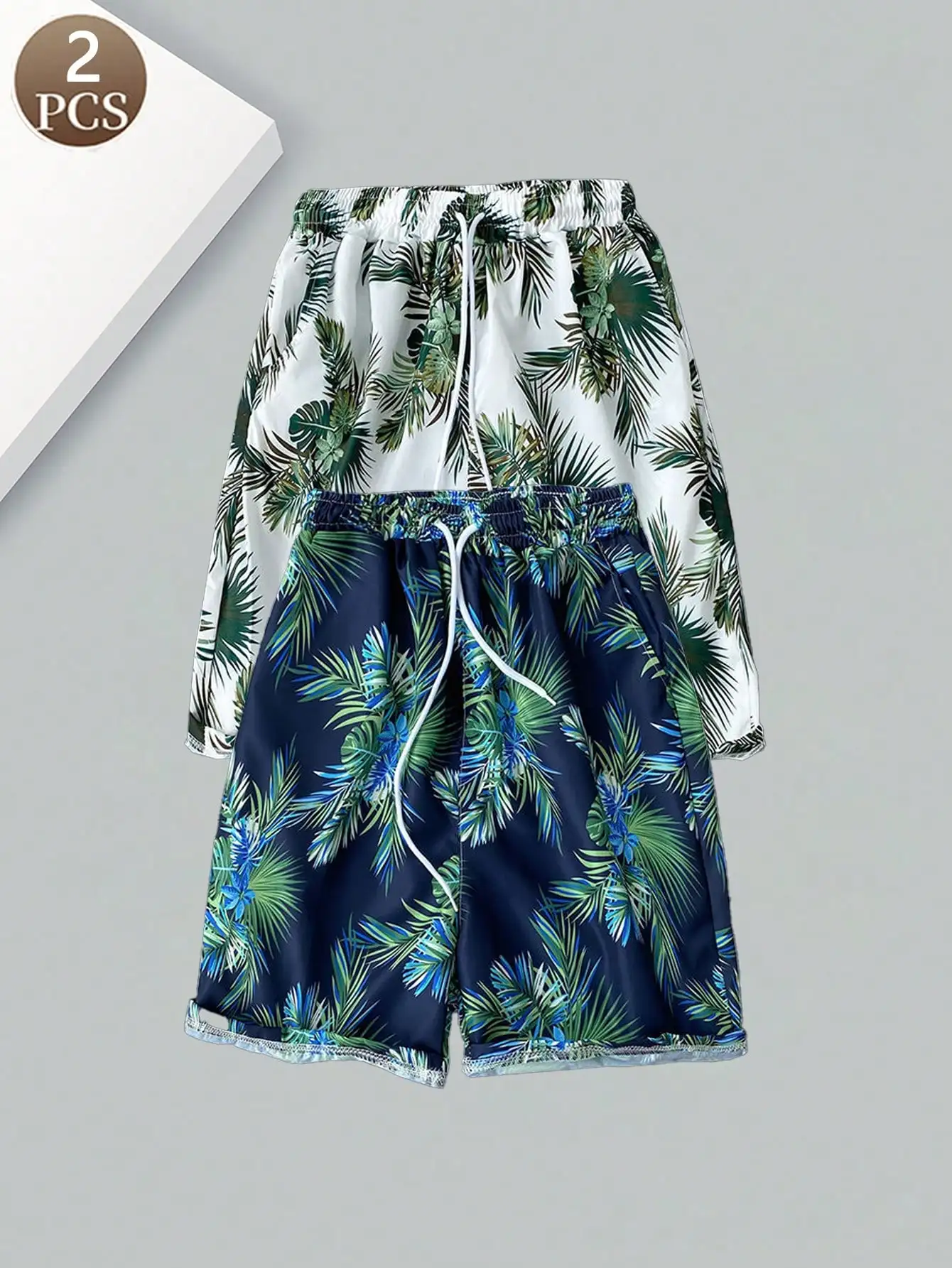 2PCS sporty panties casual knit fabric lightweight tropica boxterl print low-waisted breathable Hawaiian-style shorts for men (o