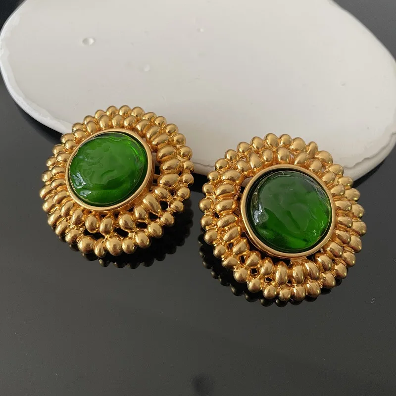 Vintage Gold Bezel Green Resin Round Earrings Retro Sunflower Bead Border Statement Earrings Women Wedding Jewelry
