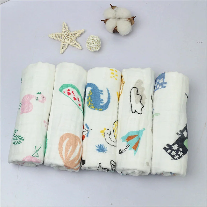 3 Pieces / Lot Wasoyoli Colorful Printed Burp Cloths 30*50CM With Hanging 100% Muslin Cotton 6 Layers Handkerchief Soft Towel