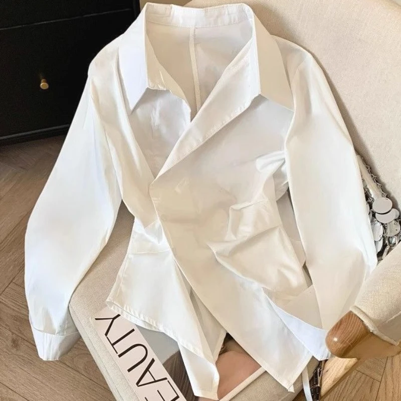 

Women Top Blouses Shirt Turn Down Collar Full Sleeve Tops Solid Tight Waist Y2k Streetwear Elegant Splice Slim Fit Shirts 2026