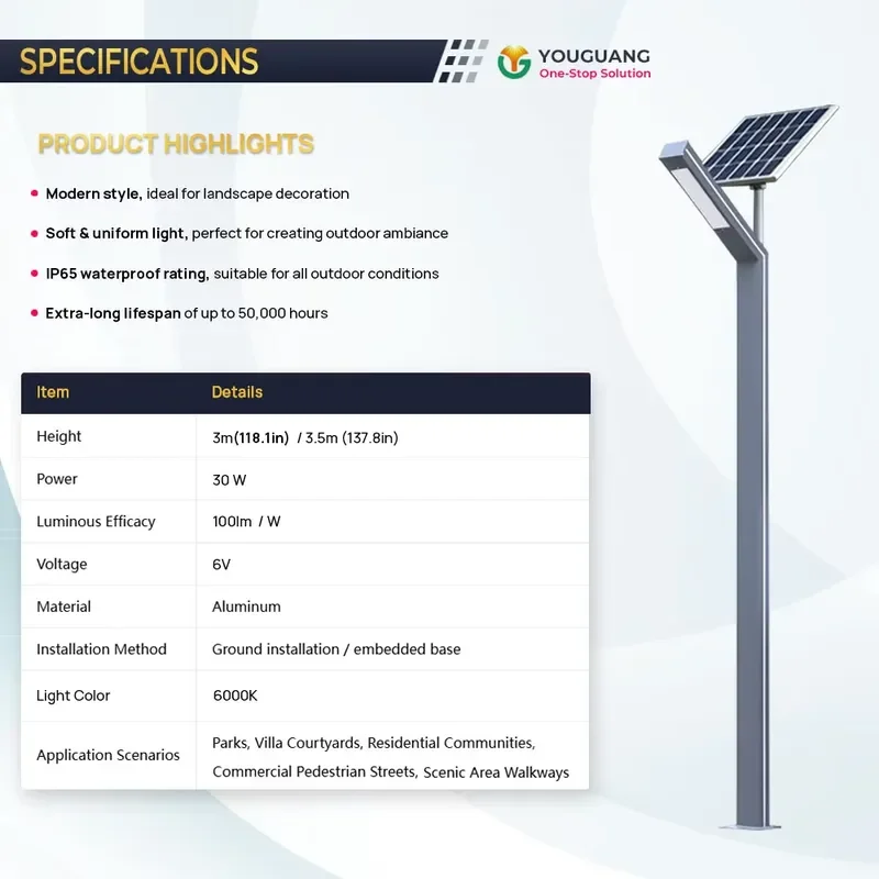Factory Custom 4M Modern Minimalist Aluminum Solar Landscape Light IP65 Waterproof for Commercial Park Resort Project