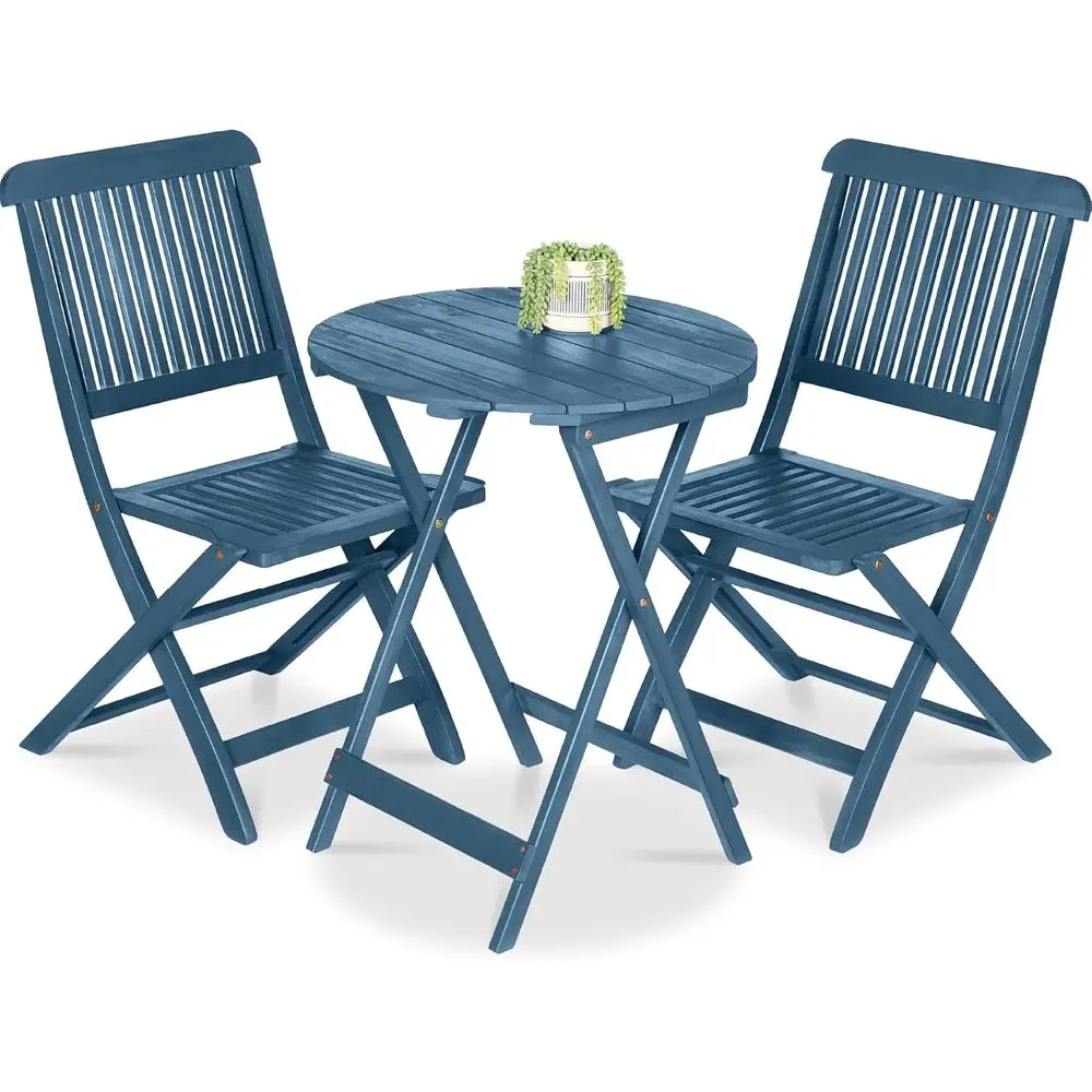 

Acacia Wood 3-Piece Bistro Set for Outdoor Spaces with 2 Chairs & Round Coffee Table in Teak Finish - Blue