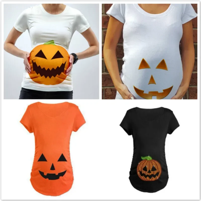 Pregnant Maternity Clothes Halloween Pumpkin Face Pattern Print Tee For Woman Short Sleeve T Shirts Top Casual Fashion Pregnancy