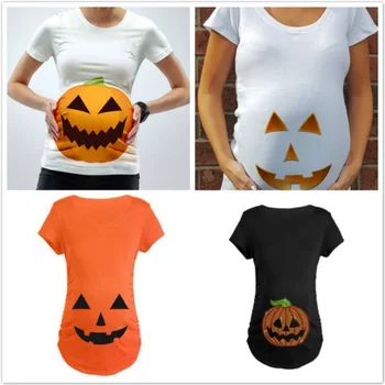 Ciężarne ubrania ciążowe Halloween twarz dyni wzór drukuj Tee dla kobiety t-shirty z krótkim rękawem Top Casual Fashion ciąża