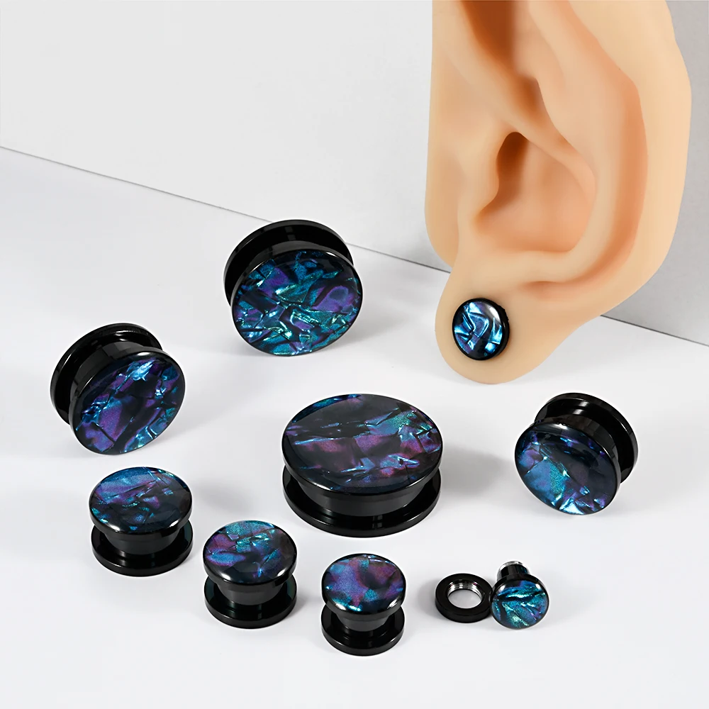 2pcs Flat Hollow Colorful Shell Black Stainless steel Ear Tunnel Gauge Plugs Lobe Stretchers Expander Double Flesh Ear Piercing