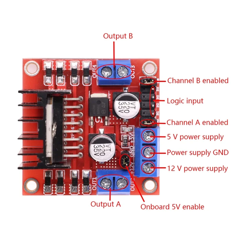 Módulo L298N Módulo de placa controladora de motor paso a paso de puente H dual 2A/25W, adecuado para robots y coches inteligentes