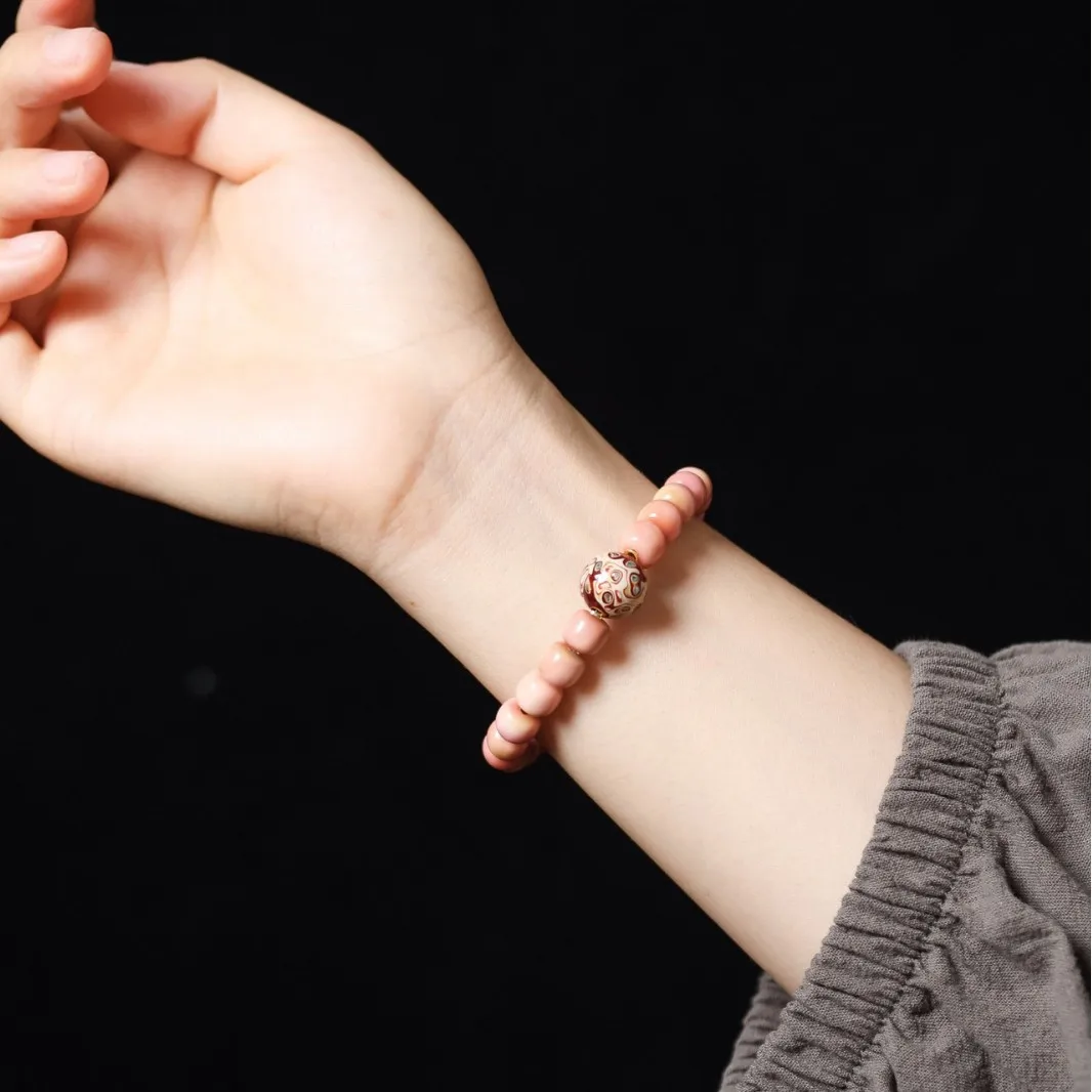 Chinese Style Lucky Fortune Blessing 8-9mm Natural Pink Dragon Spine Bodhi Beaded Bracelet Gold Plated Copper Charm For Women