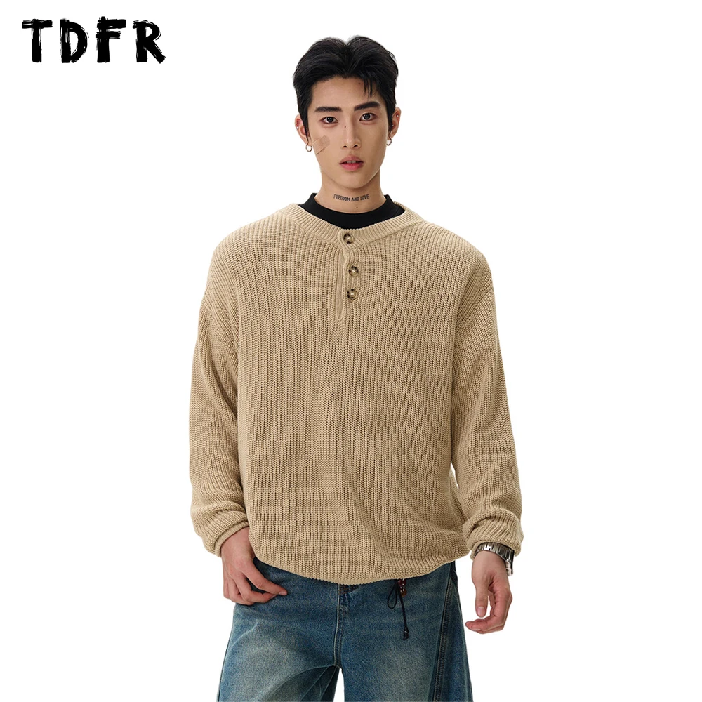 Solid Color Henley Collar Sweater Mens Retro Casual Streetwear Autumn Winter Loose Long Sleeve Knitted Pullover Men