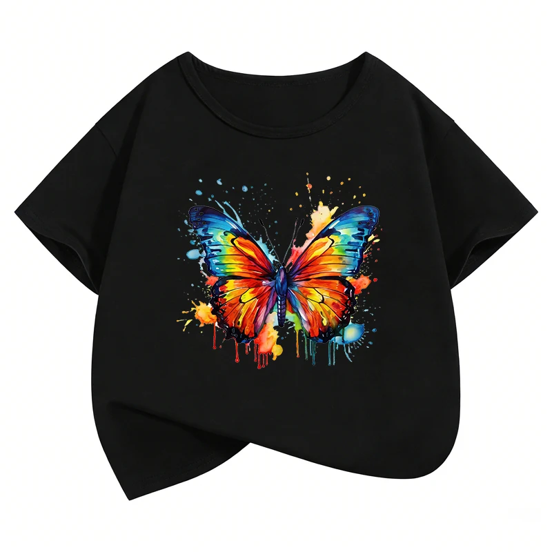 Fashion Butterfly T-Shirt Printed T Shirt Girls' Summer Clothes Short Sleeve Tops T-Shirts Cute Girls Clothing Kids Tee