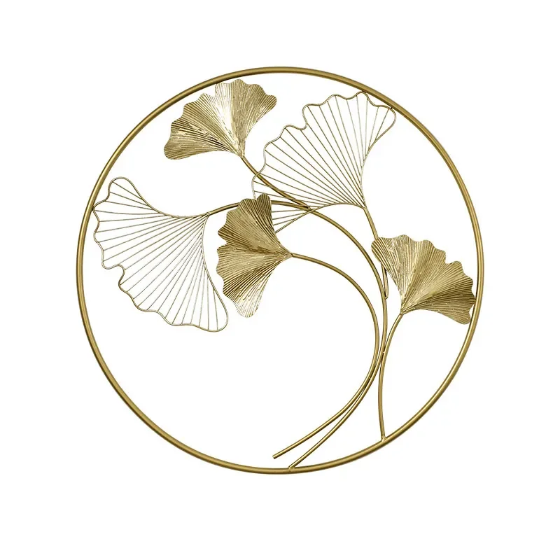 Chinese Luxury Round Wrought Iron Ginkgo Leaf Wall Hanging Ornaments Home Livingroom Sticker Hotel Porch Mural Crafts