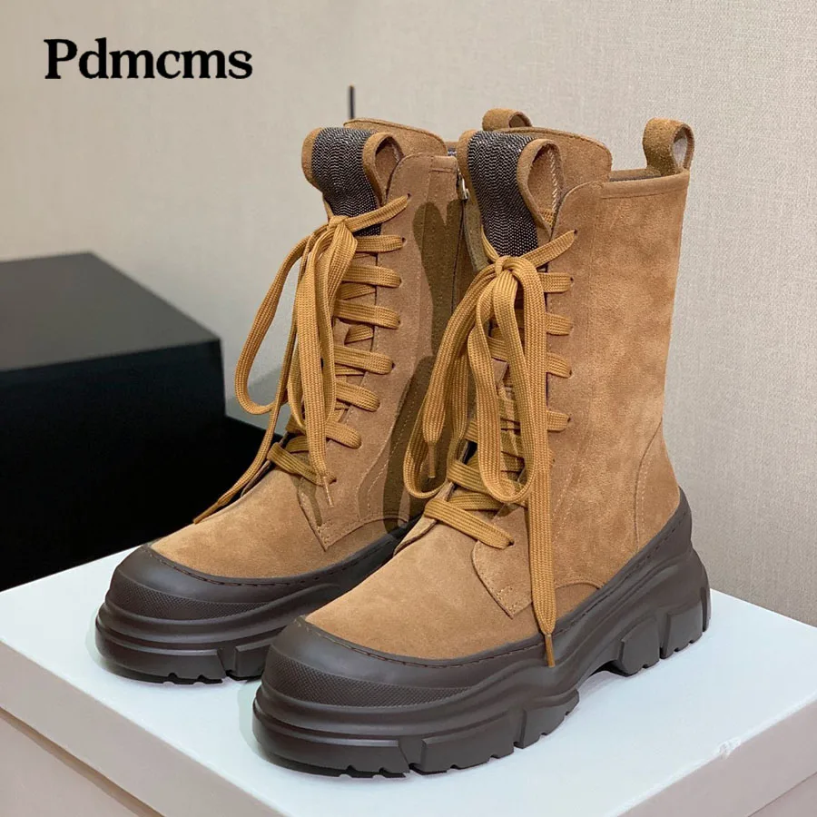 

2025 Autumn Designer Hiking Boots Women Knight Boots Thick Sole Round Toe Women's Boots Runway Lace up Female Botas for Women