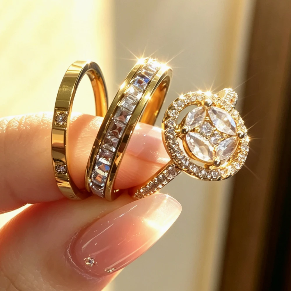 Yupsk 3pcs Stainless Steel Stackable Ring Set for Women Exquisite Dazzling Big Zirconia Inlaid Rings Engagement Jewelry Gift
