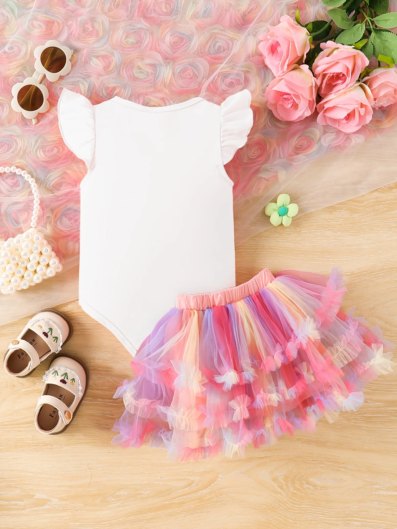 Newborn Baby Girl Cartoon Doll 2-Piece Outfit Set: White Ruffled Bodysuit + Rainbow Tutu Skirt (0-18M) - Cute Party/Daily Clothe