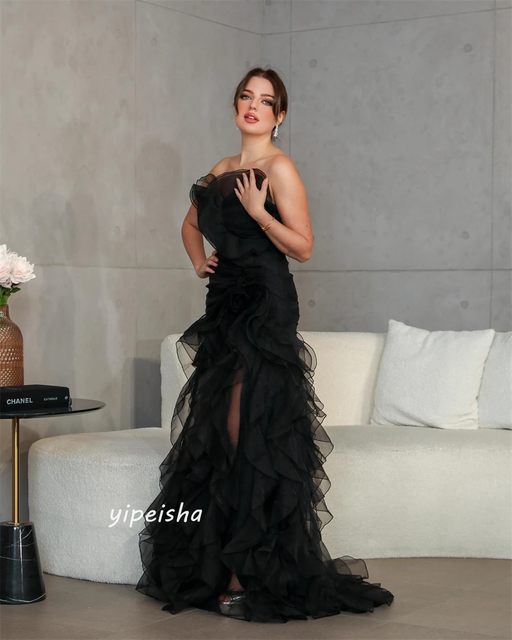 Customized Jiayigong  Organza Flower Draped Cocktail Party A-line Strapless Bespoke Occasion Gown   